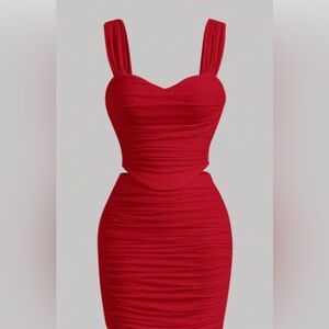 SHEIN MOD Solid Slim Fit Ruched Wide Strap Top Bodycon Elasticity Mesh Red Skirt